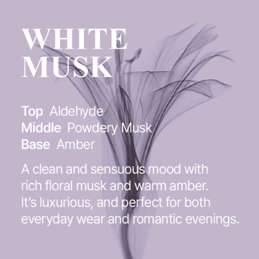 Grafik mit Text: White Musk. Top: Aldehyd. Middle: Powdery Musk. Base: Amber. Beschreibung des Duftes.
