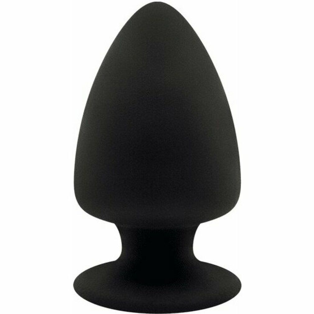 Schwarzer Analplug. Kegelförmig mit breiter Basis. Glatte Oberfläche.