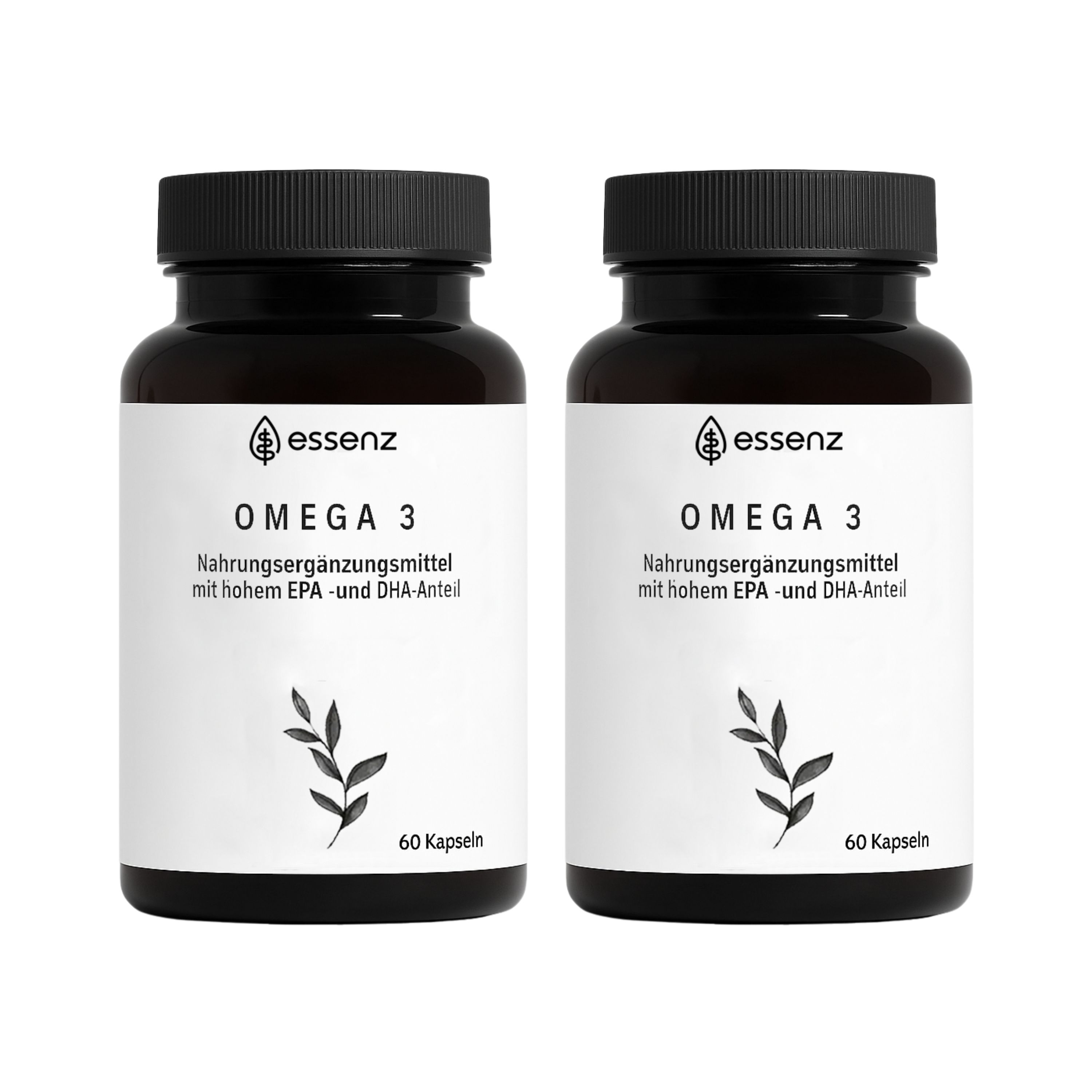 Zwei Flaschen ESSENZ Omega 3 Kapseln. Schwarze Deckel, weiße Etiketten mit Produktinformationen und Logo. 60 Kapseln pro Flasche.