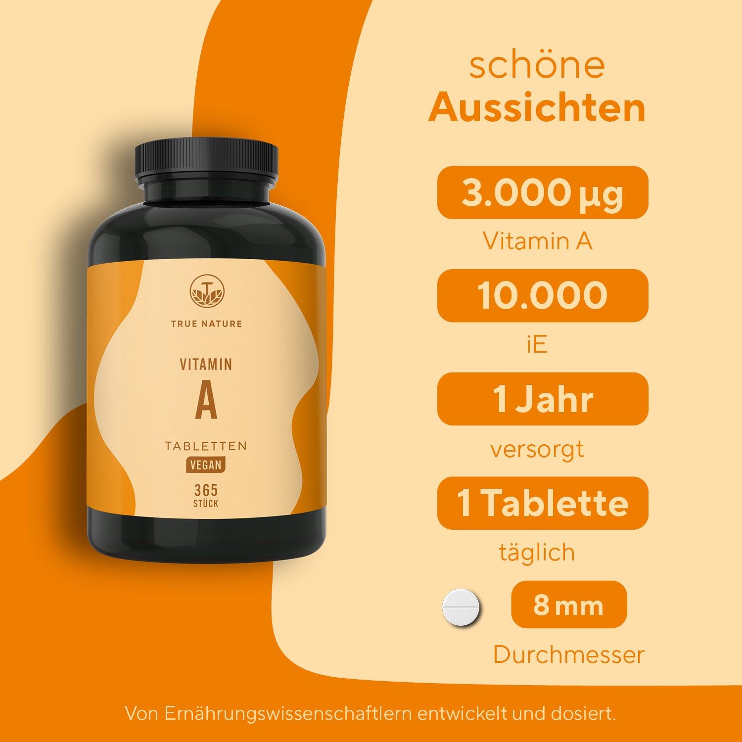 Schwarze Flasche TRUE NATURE® Vitamin A Tabletten. Enthält 365 Tabletten, 8 mm Durchmesser. Vegan. Orangefarbener Hintergrund mit Produktinformationen.