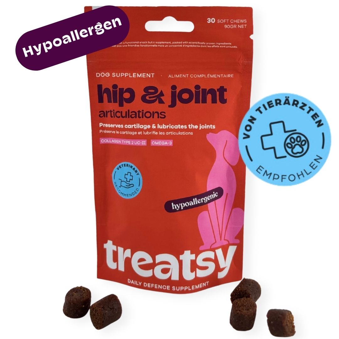 Rote Tüte mit „Hip & Joint“ für Hunde. Braune Kausnacks liegen daneben. „Hypoallergen“ und „Von Tierärzten empfohlen“.