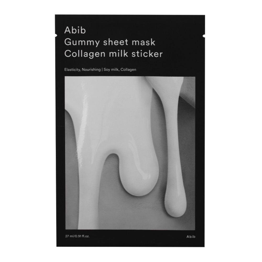 Produktverpackung mit Milch-Design. Text: ABIB, Gummy sheet mask Collagen milk sticker. Schwarzer Hintergrund.