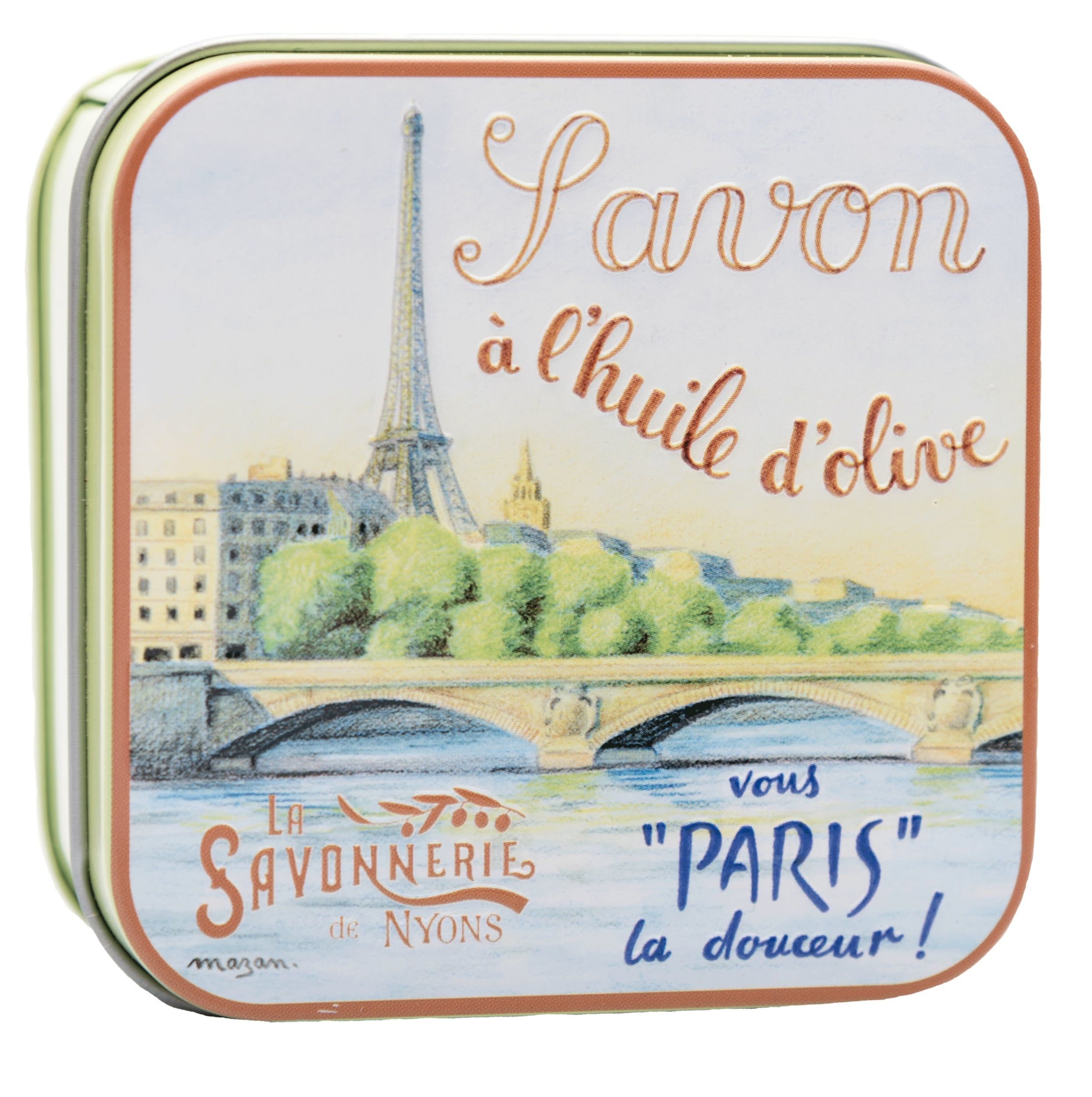 Metallbox mit Aufdruck von Paris und Schriftzug. Logo: La Savonnerie de Nyons. Rechteckige Form.
