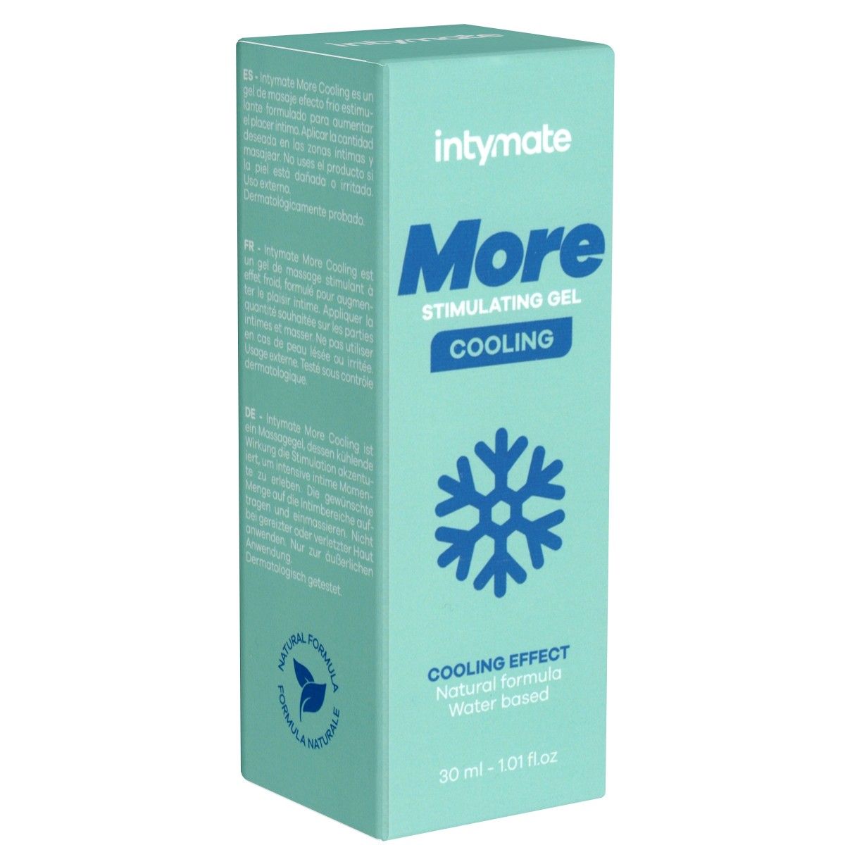 Türkisfarbene Schachtel mit "intymate More Cooling"-Aufdruck. Enthält ein kühlendes Gel. Mit Schneeflocken-Symbol und "Natural formula".