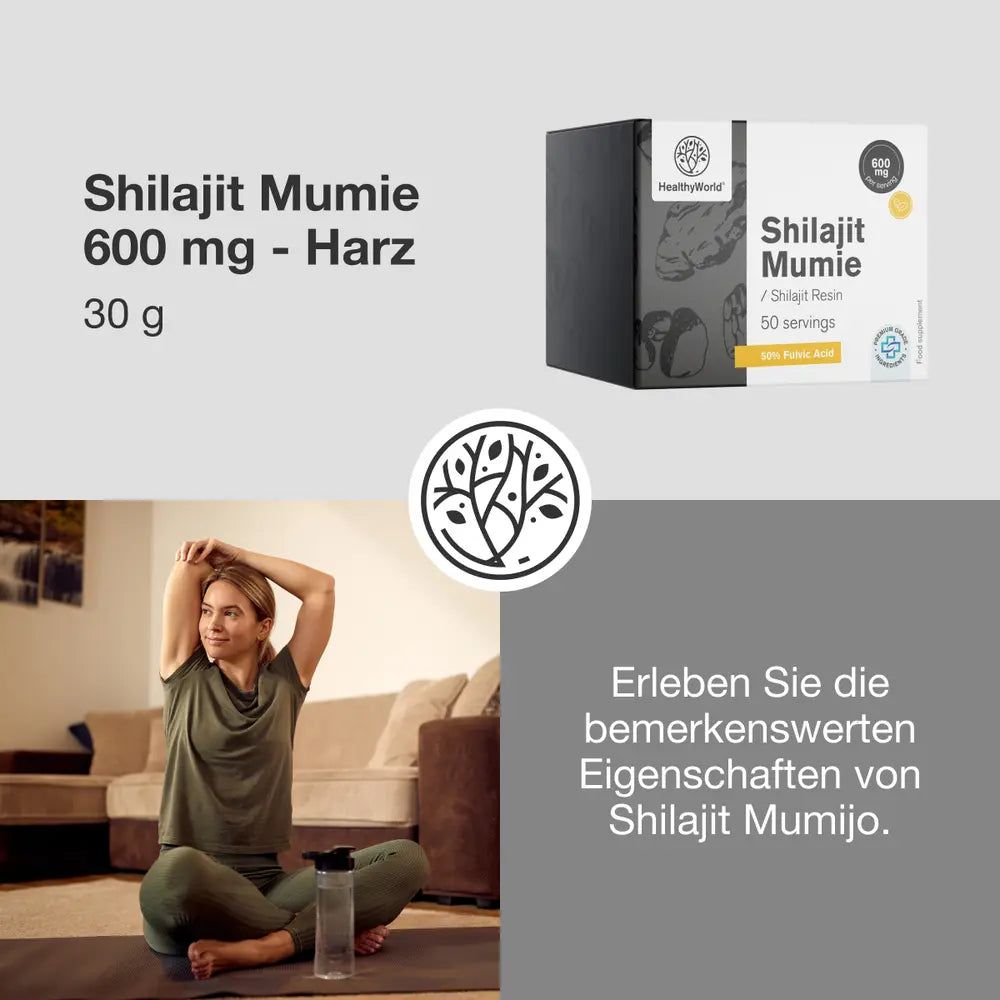 Frau dehnt sich auf Matte, HealthyWorld Shilajit Mumie 600 mg Harz Packung daneben.