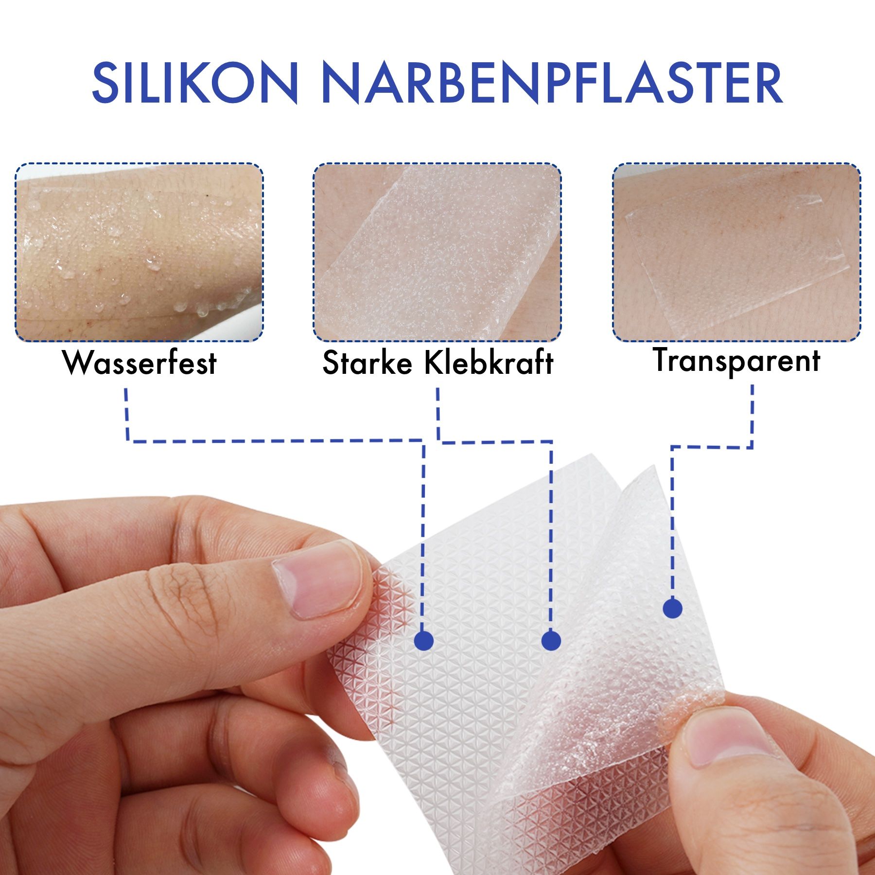 Hände halten Silikonpflaster. Text: Wasserfest, starke Klebkraft, transparent. Drei Schichten.