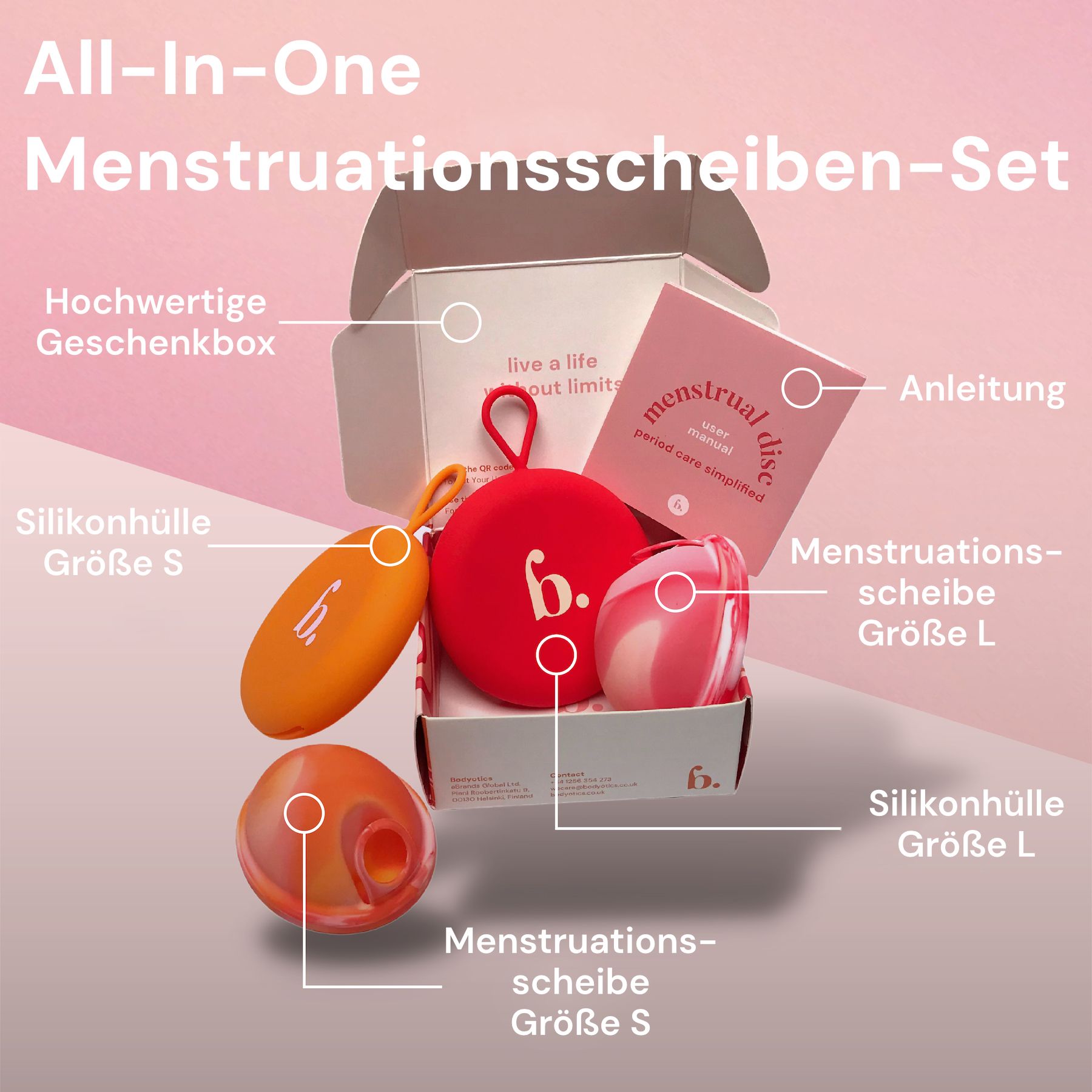 Hände halten weiche, flexible Menstruationsscheiben in S und L.