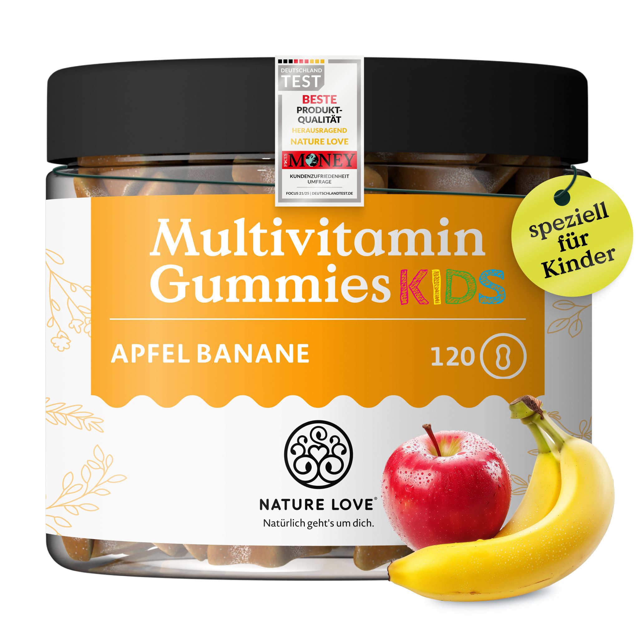 Glas mit 120 Nature Love Multivitamin Gummies Kids Apfel Banane. "Speziell für Kinder".