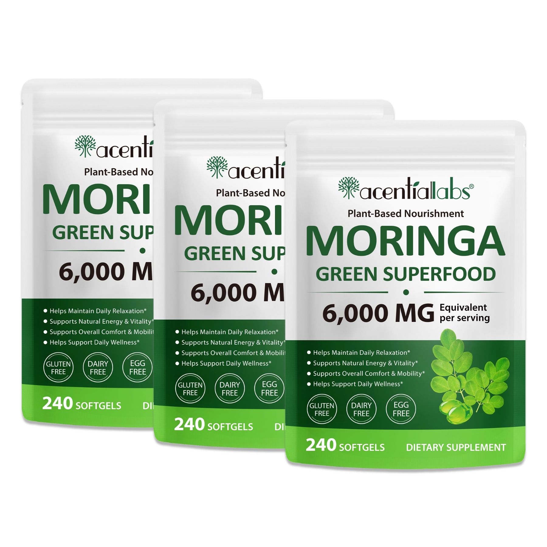 Drei Beutel mit Softgels. Text: Moringa Green Superfood, 6.000 mg. Vegan, glutenfrei, milchfrei, eifrei.