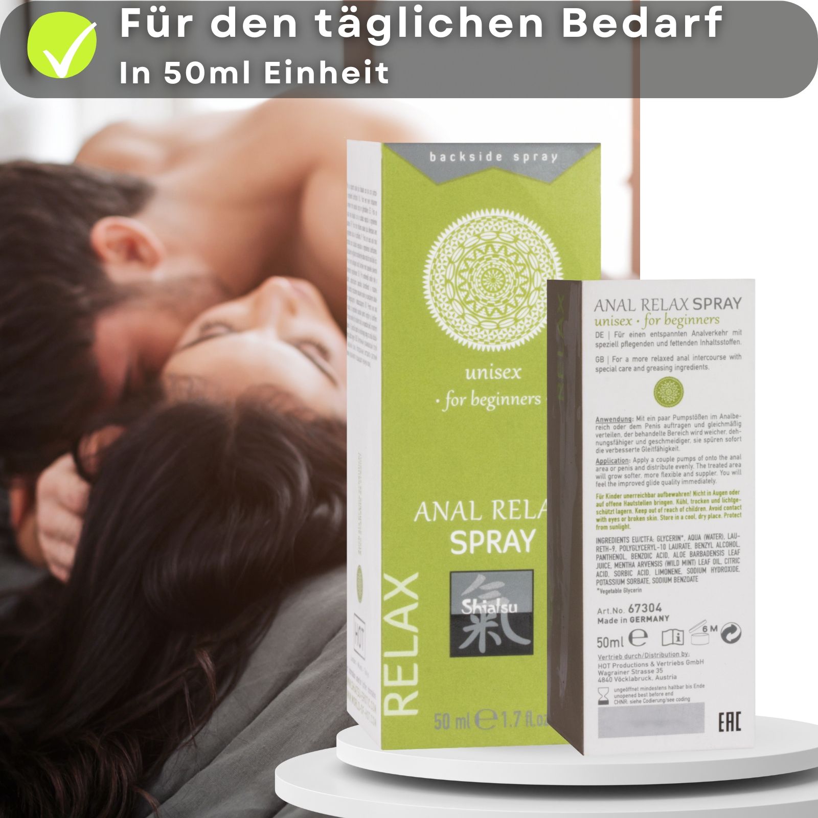 Produkt und Paar. Verpackung mit Text. ANAL RELAX SPRAY, unisex, Shiatsu. 50 ml.