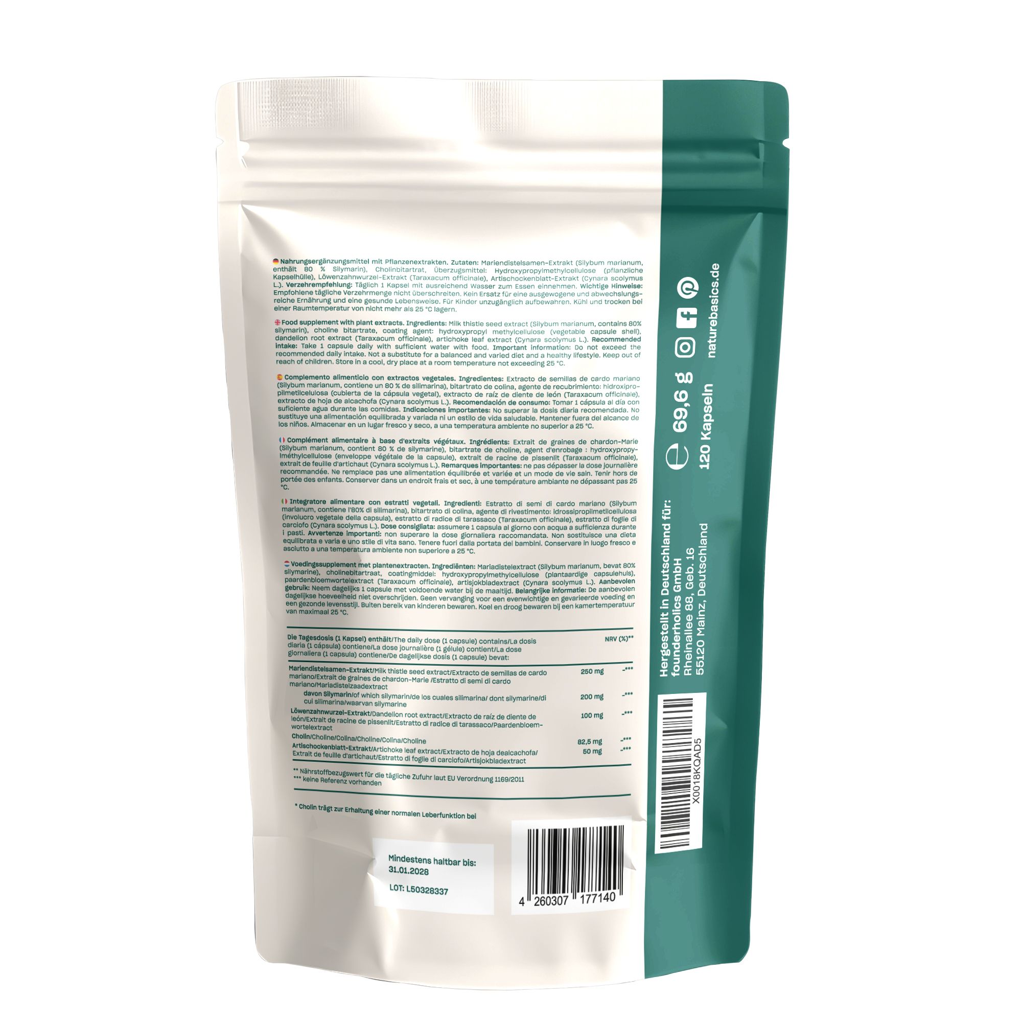 Rückseite der Produktverpackung mit Text und Nährwertangaben. Kontaktinformationen und Barcode.