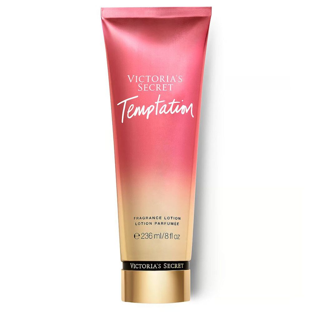 Körperlotion von Victoria's Secret. Farbverlauf von Rosa nach Gold. Aufschrift "Temptation".