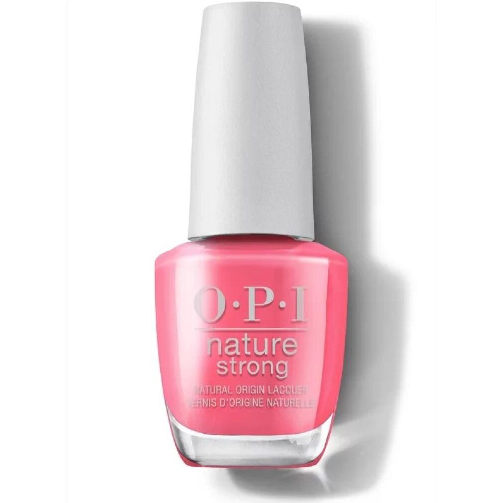 Nagellackflasche mit rosa Inhalt und weißem Deckel. O.P.I. Nature Strong-Logo sichtbar.