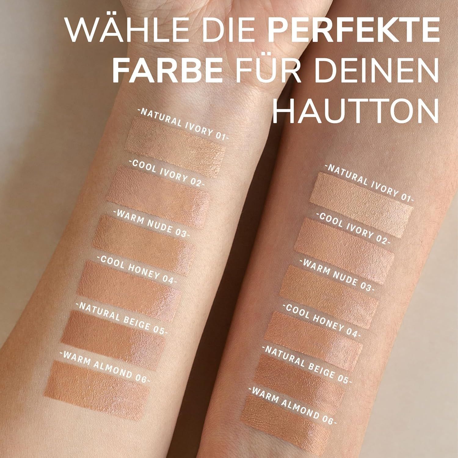 Arme mit Farbmustern von Lavera Hyaluron Liquid Foundation. 6 Farbtöne aufgetragen. Beschriftung: Warm Almond 06.