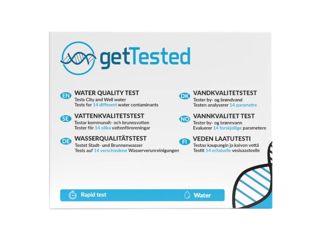 GetTested-Testpackung. Vorderseite mit Logo und Texten in verschiedenen Sprachen: Wasserqualitätstest, Wassertest.