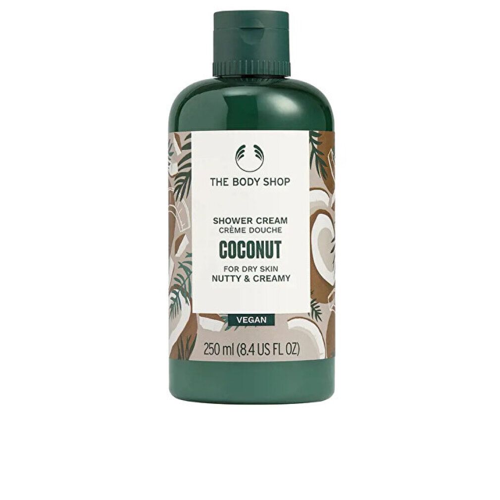 Kleine grüne Flasche mit "Coconut Shower Cream". Vegan. 60 ml.