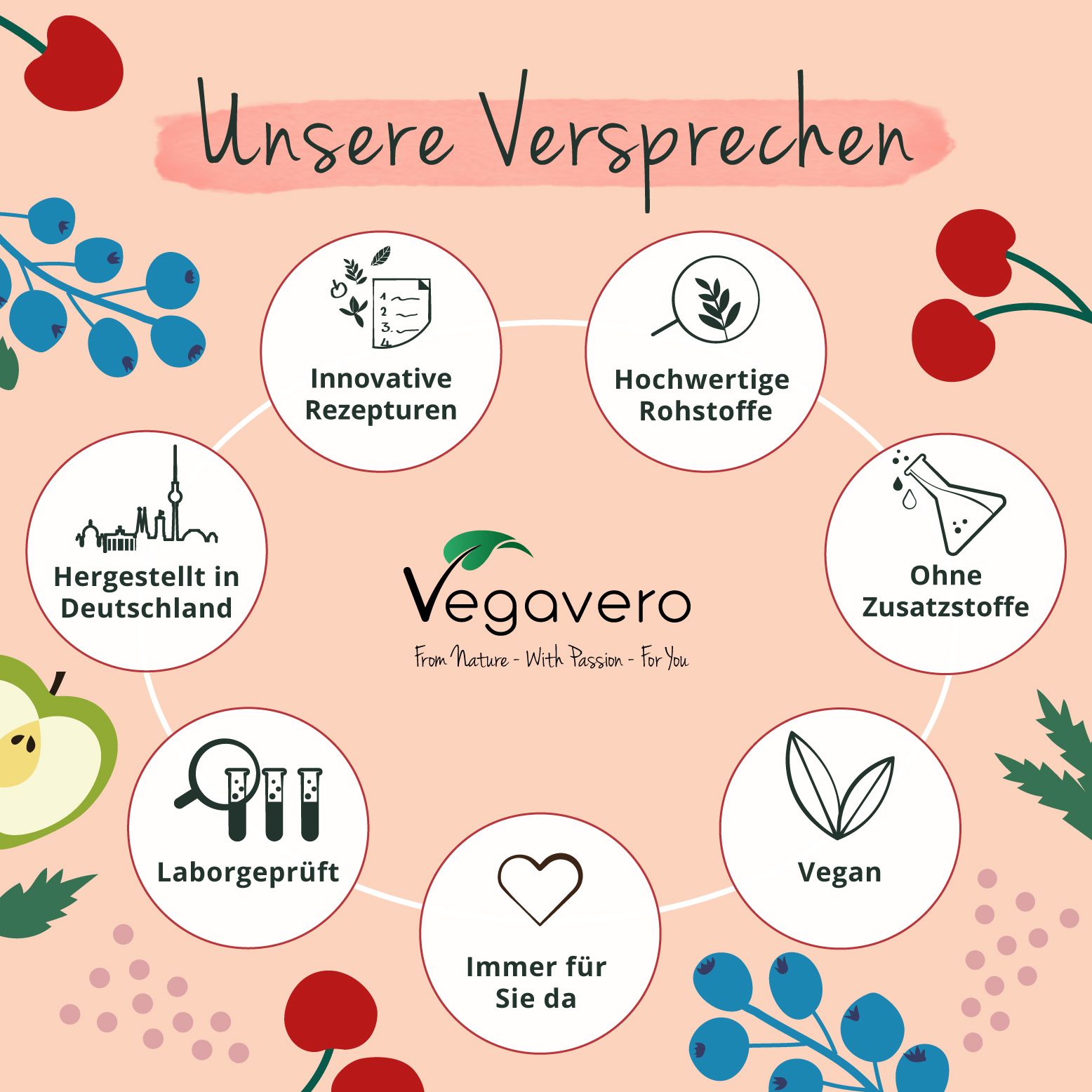 Kreisförmige Illustration mit Text: Innovative Rezepturen, Hochwertige Rohstoffe, Ohne Zusatzstoffe, Vegan, Laborgeprüft, Immer für Sie da, Hergestellt in Deutschland.