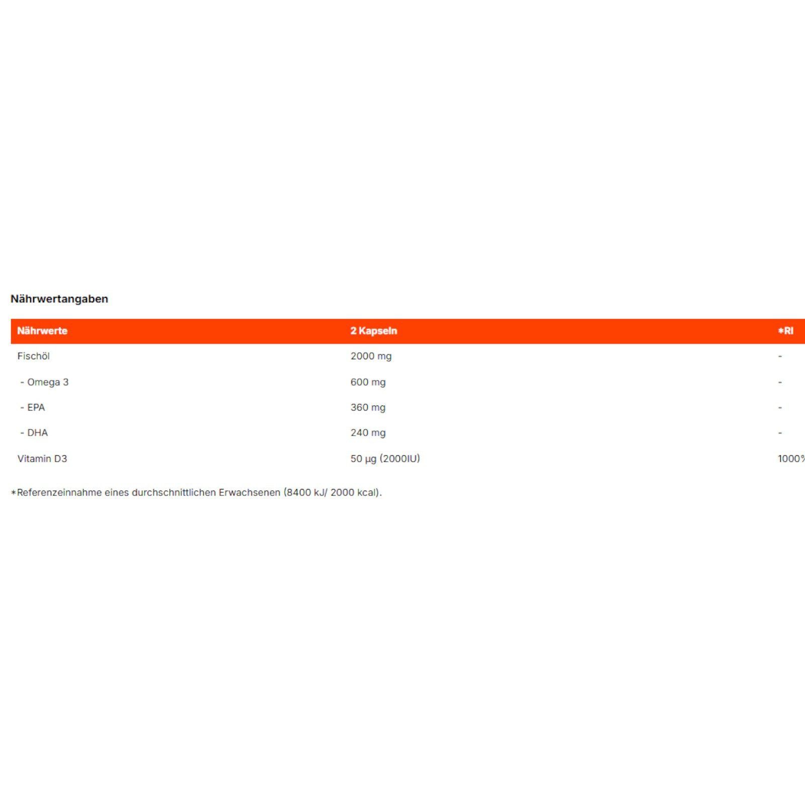 Nährwertangaben für GymBeam Omega 3 + Vitamin D3 Kapseln: 2000mg Fischöl, 600mg Omega 3, 360mg EPA, 240mg DHA, 50µg Vitamin D3.