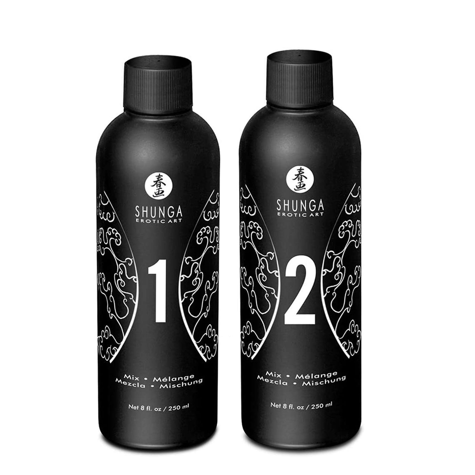 Zwei schwarze Flaschen mit weißer Schrift. Auf jeder Flasche eine Zahl: 1 und 2. Marke: Shunga.