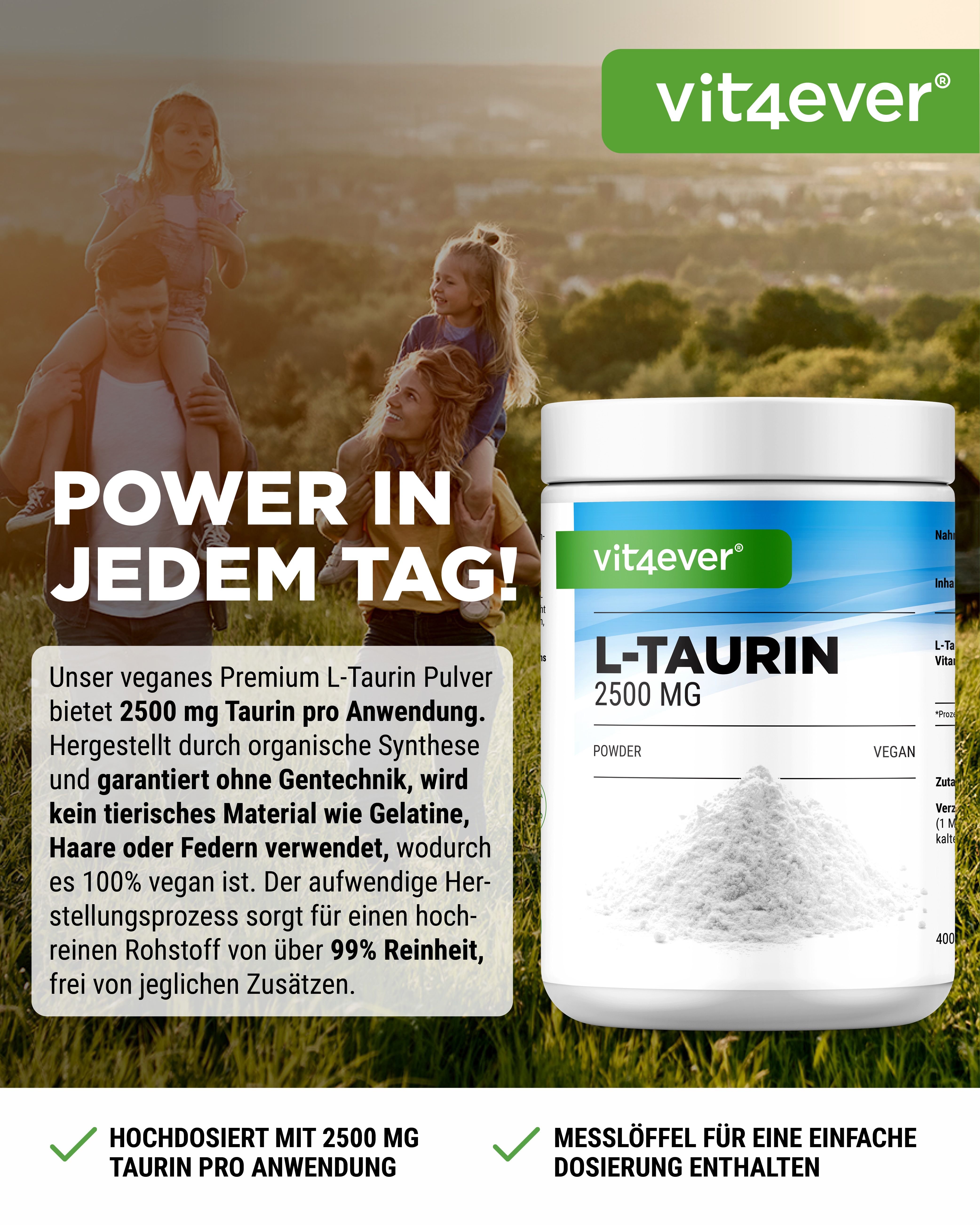 Produktverpackung mit L-Taurin-Pulver. Text: Power in jedem Tag! Hochdosiert mit 2500 mg Taurin pro Anwendung. Messlöffel enthalten.