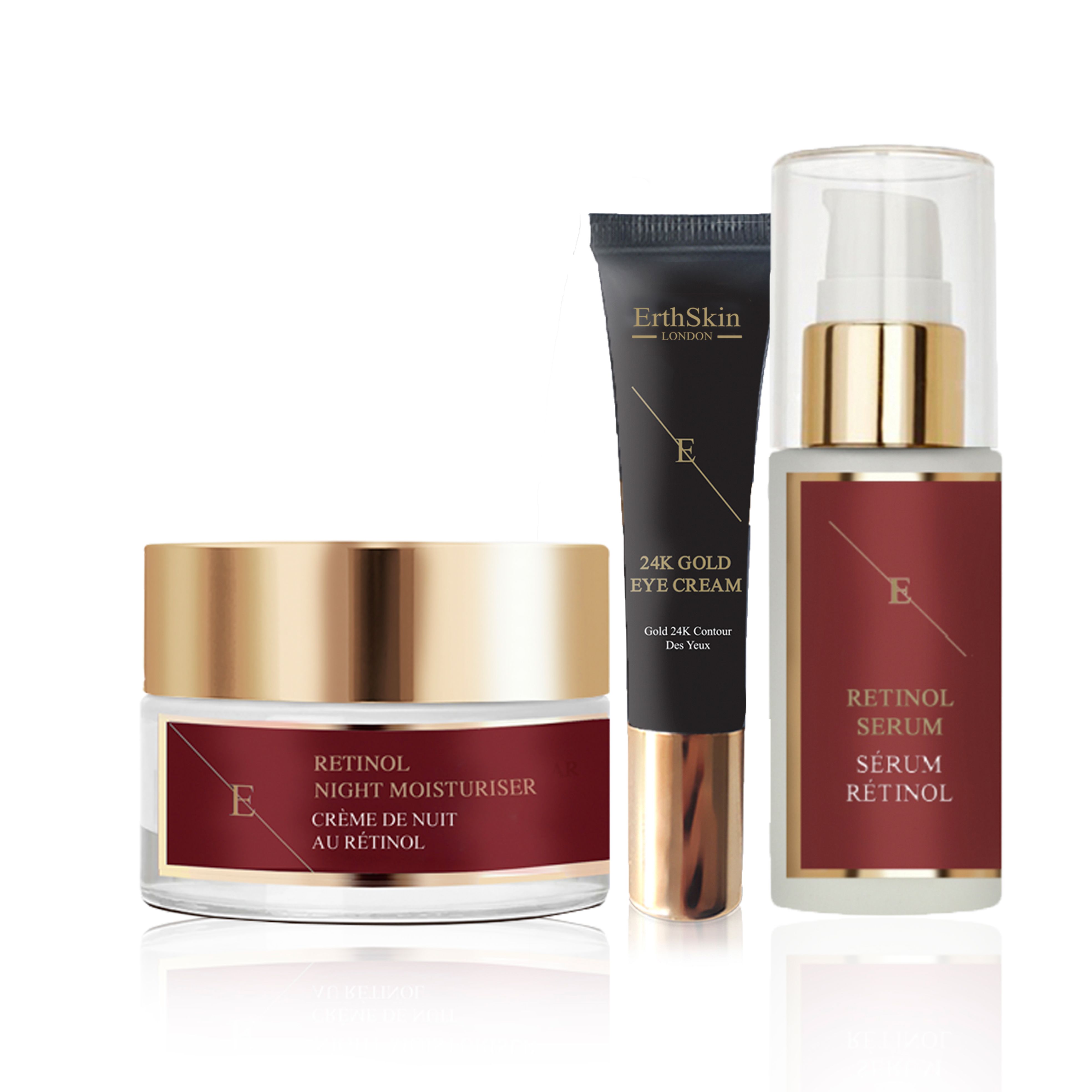 Set aus Nachtcreme, Augencreme und Serum. Glas- und Tubenbehälter mit goldfarbenen Deckeln. Rote Etiketten mit Text.