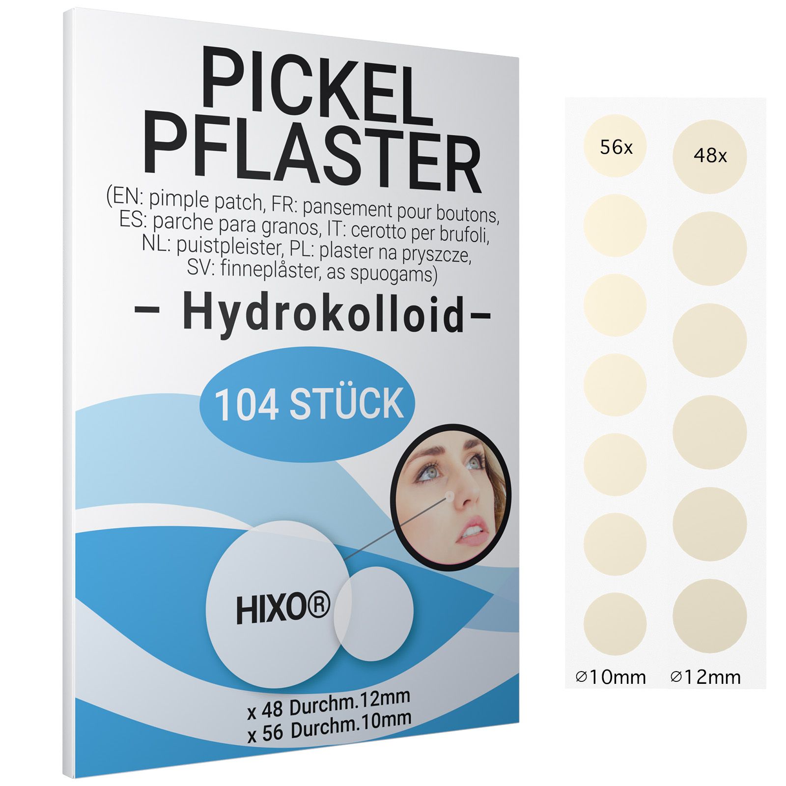 Verpackung mit Pickel Pflaster, 104 Stück. Enthält 48 Pflaster Ø12mm und 56 Pflaster Ø10mm. HIXO Logo. Aufkleber mit Pflastern.