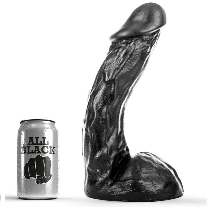 Schwarzer, gebogener Dildo. Neben einer Dose mit "ALL BLACK" Aufdruck und Faust-Logo. Oberfläche mit Adern.