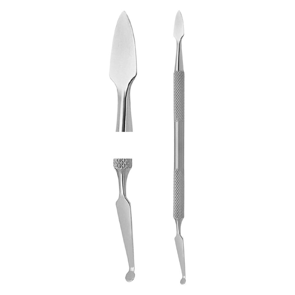 Nagelhautschieber aus Metall. Doppelseitig, mit spitzem und rundem Ende. Geriffelter Griff. Einzelteile.