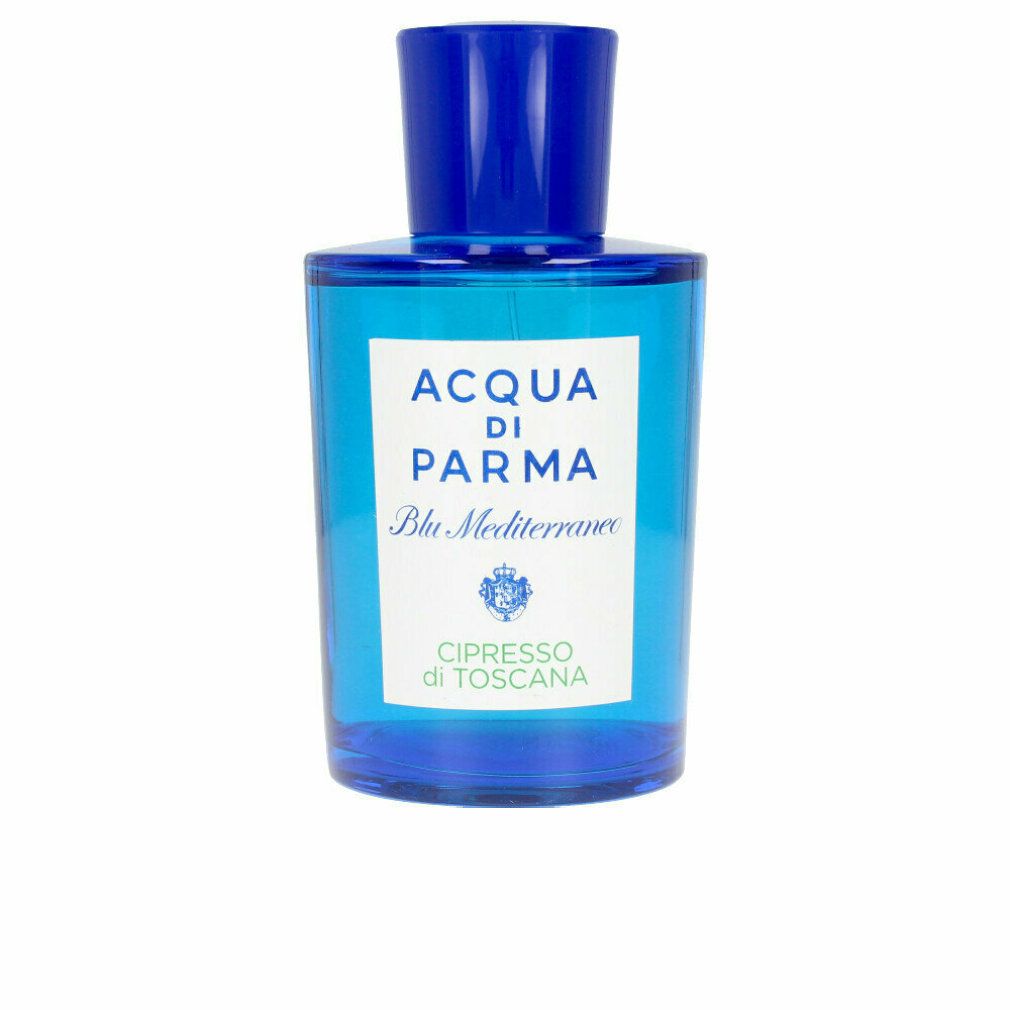 Blaue Glasflasche mit blauem Verschluss. Weißes Etikett mit Text: Acqua di Parma, Blu Mediterraneo, Cipresso di Toscana.