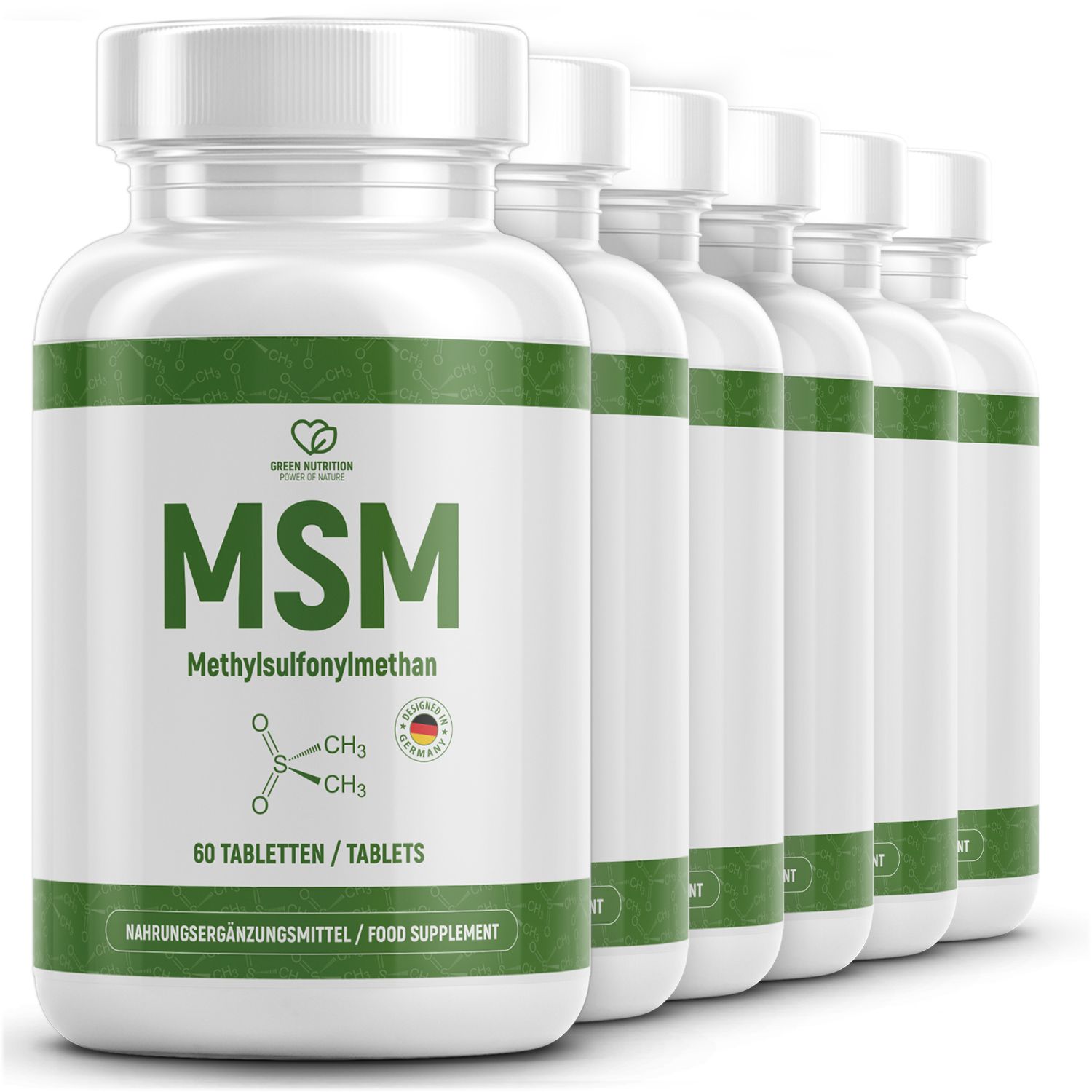 Sechs weiße Flaschen mit grünen Etiketten. Aufschrift: MSM, 60 Tabletten. Mit deutschem Qualitätssiegel.