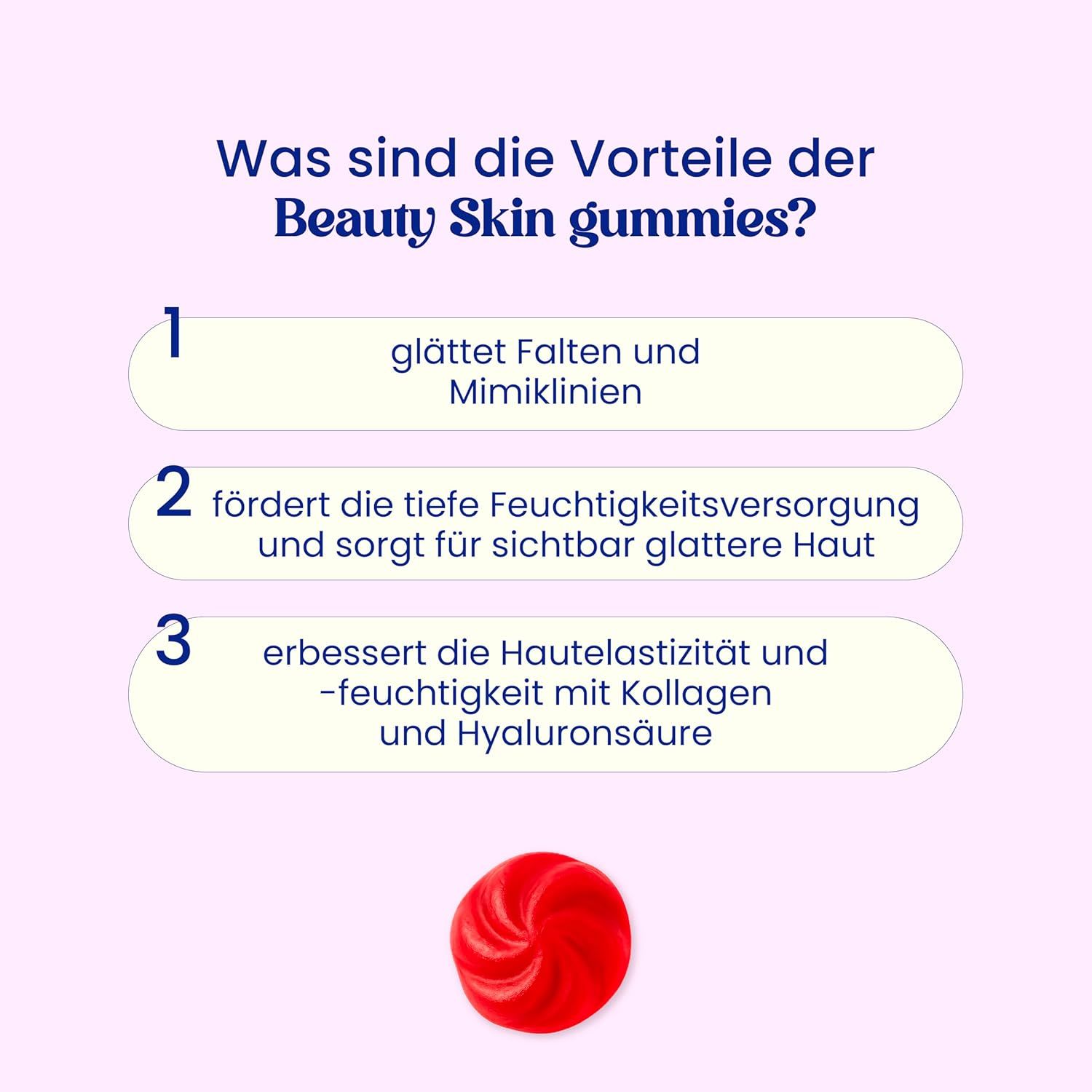 Infografik mit drei Vorteilen der Beauty Skin Gummies: glättet Falten, fördert Feuchtigkeit, verbessert Hautelastizität.