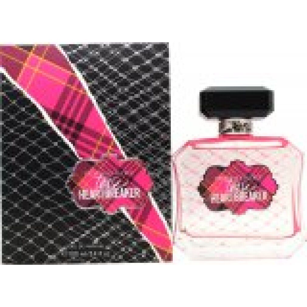 Parfumflakon und Schachtel. Flakon mit rosa Flüssigkeit, schwarzem Deckel und Etikett. Schachtel mit Logo und Muster.