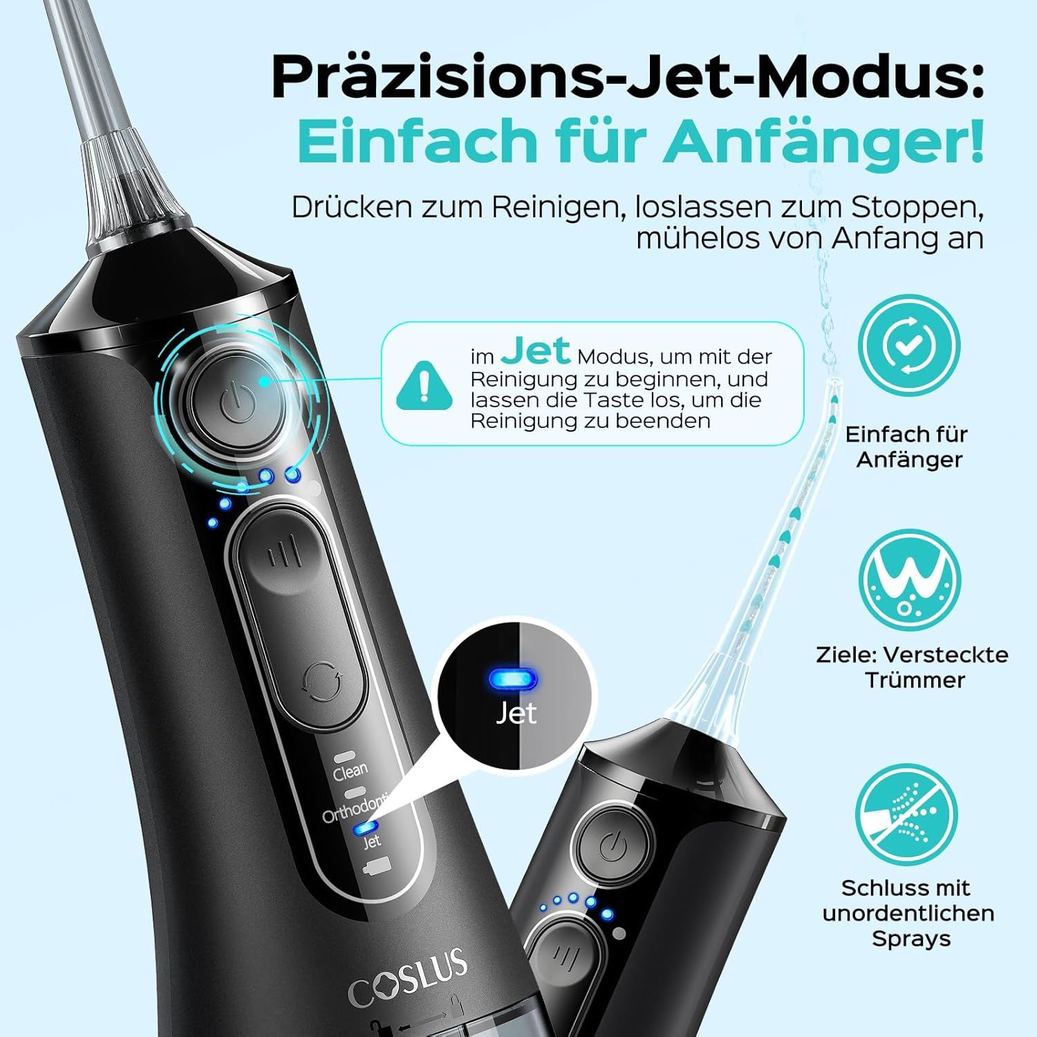 Nahaufnahme eines schwarzen Mundduschen-Geräts mit Präzisions-Jet-Modus und Bedienungsanleitung.