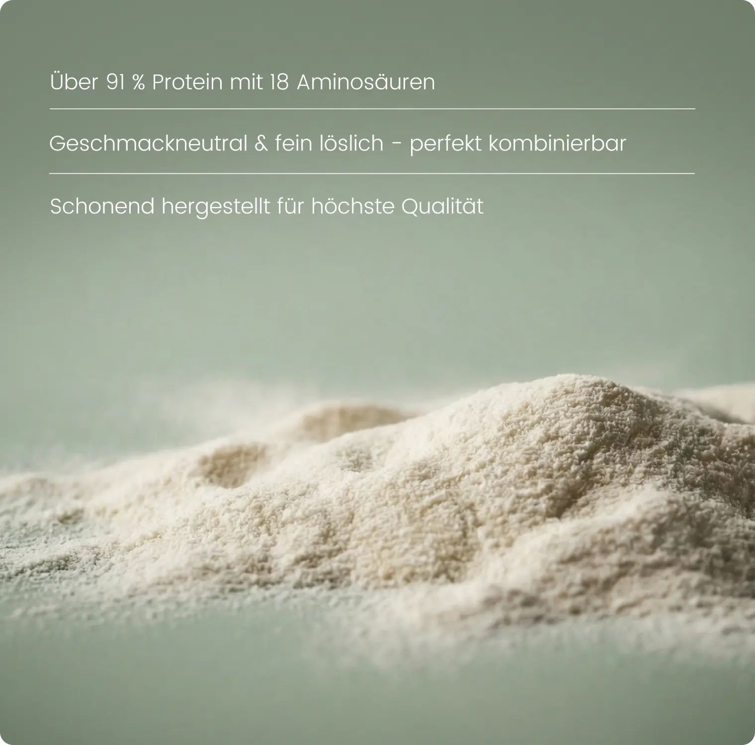 Pulver auf hellem Hintergrund. Text: Über 91% Protein mit 18 Aminosäuren, geschmacksneutral & fein löslich, schonend hergestellt für höchste Qualität.