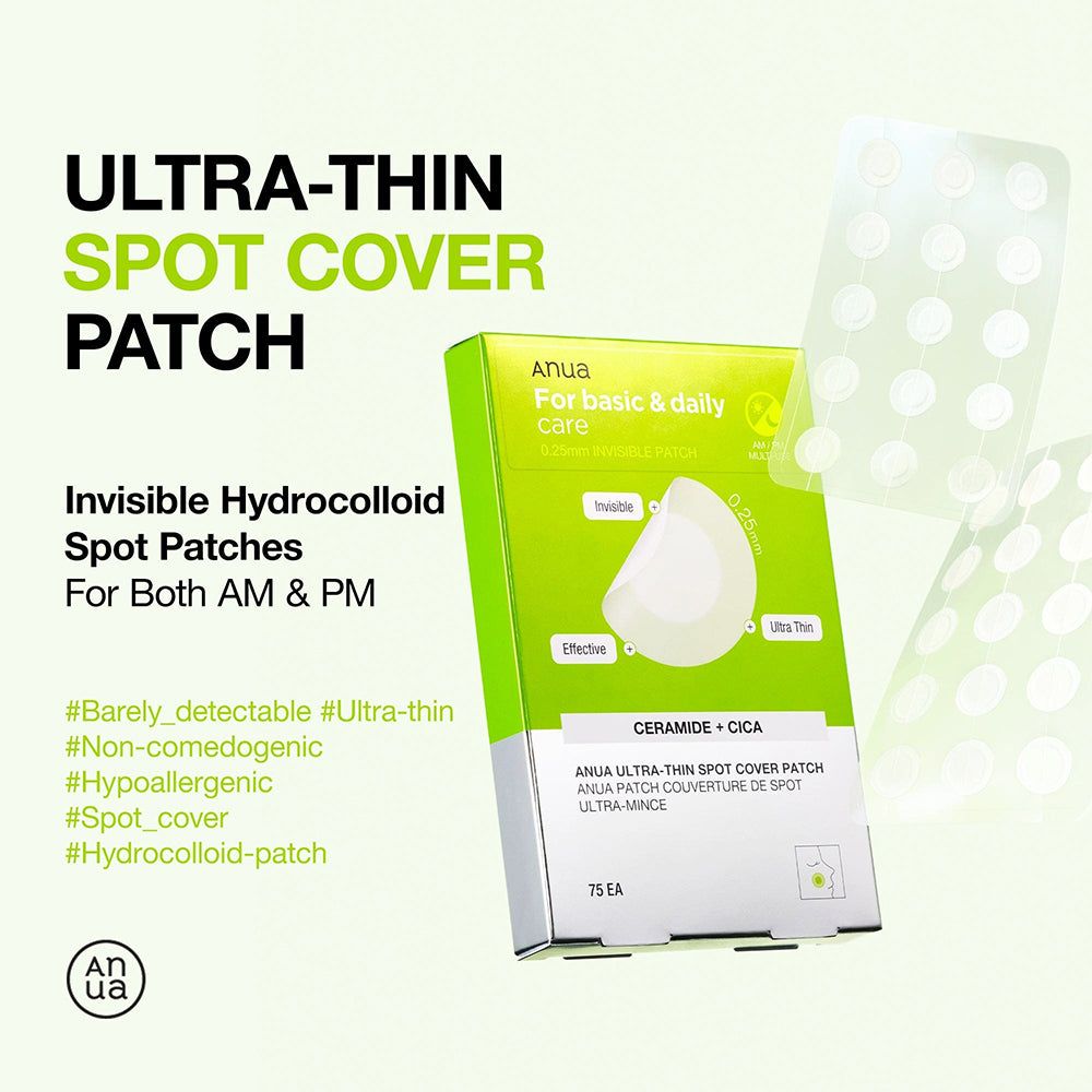 Produktabbildung mit grüner Verpackung. Text: Ultra-Thin Spot Cover Patch, Anua. Runde, transparente Pflaster. 75 Stück.