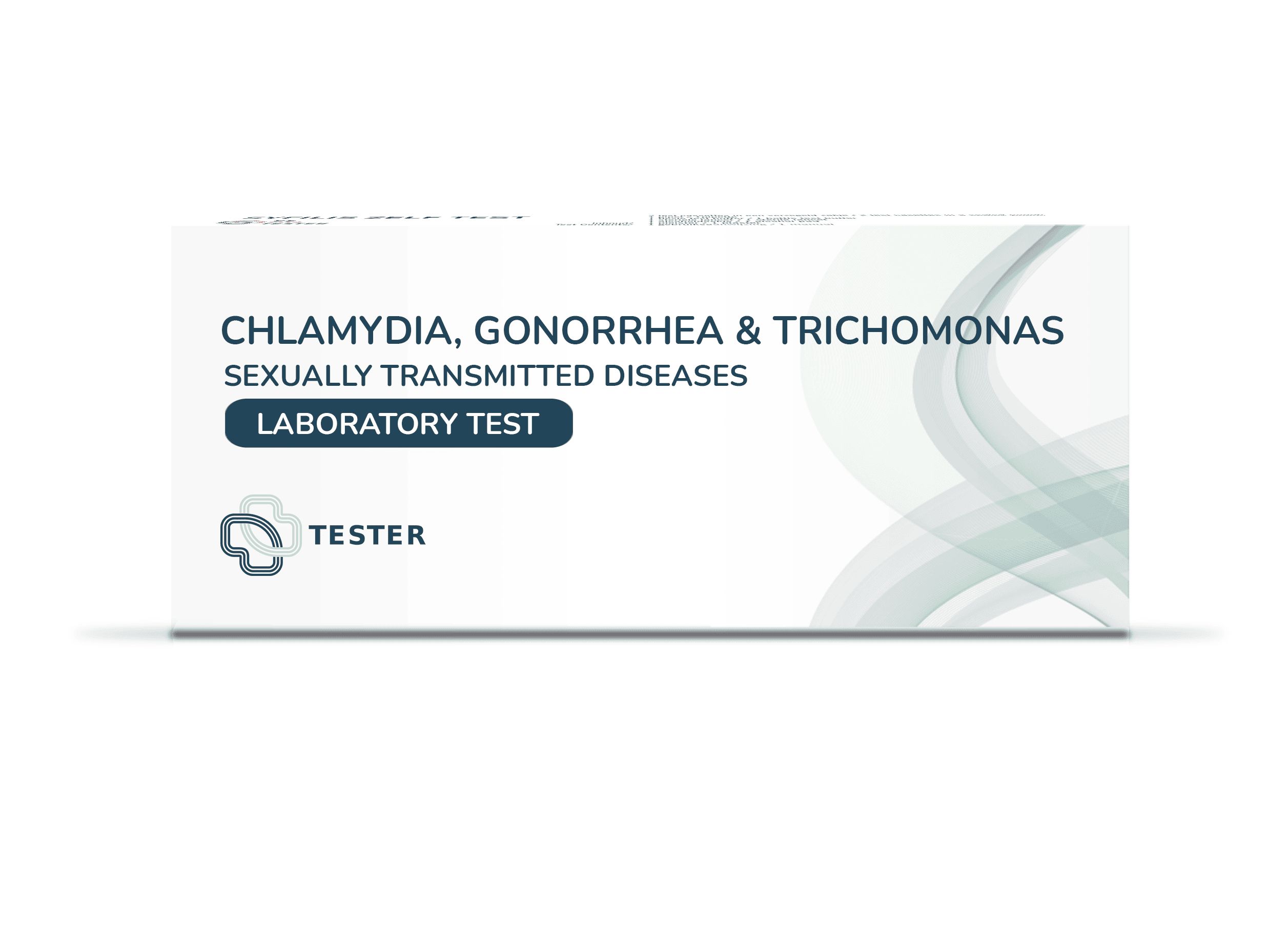 Verpackung des Chlamydien-, Gonorrhoe- & Trichomonaden-Labortests für Männer.