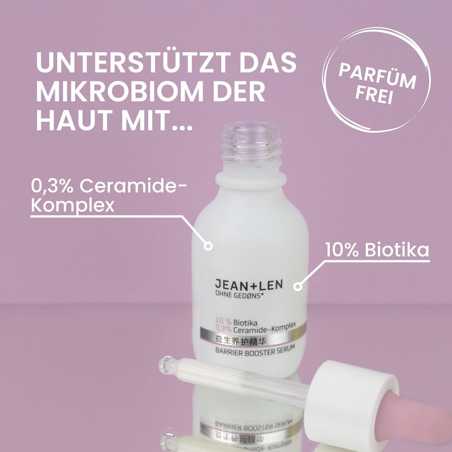 Weiße Flasche mit Pipette. Text: Jean & Len, Barrier Booster Serum, 0,3% Ceramide-Komplex, 10% Biotika, parfümfrei.