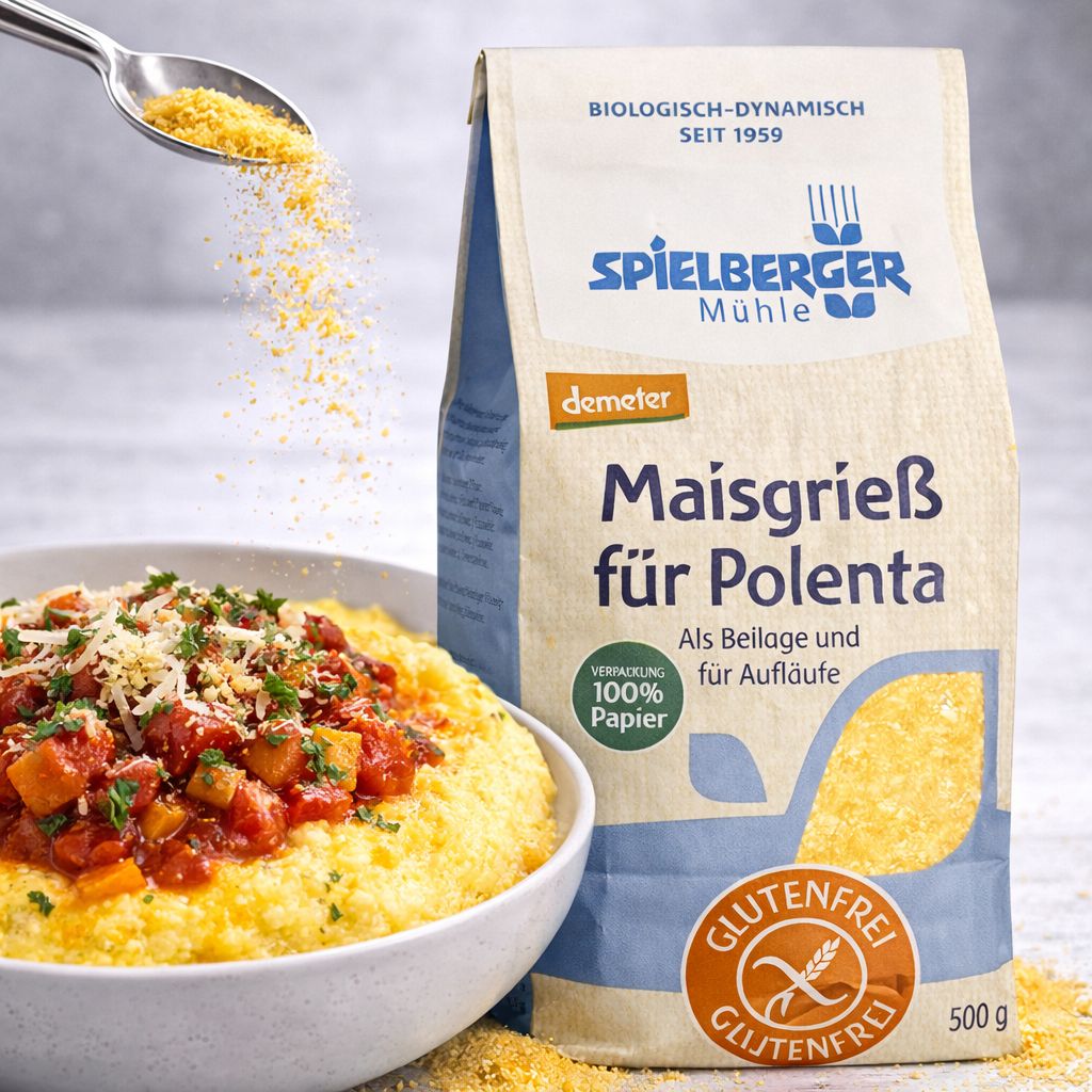 Spielberger Maisgrieß für Polenta, glutenfrei, 500g Packung mit einem Schälchen Polenta.