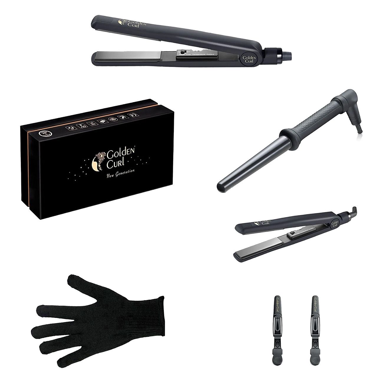 Schwarzes Lockenstab-Set. Enthält Glätteisen, Lockenstab, Handschuh und Haarspangen. Golden Curl Logo sichtbar.