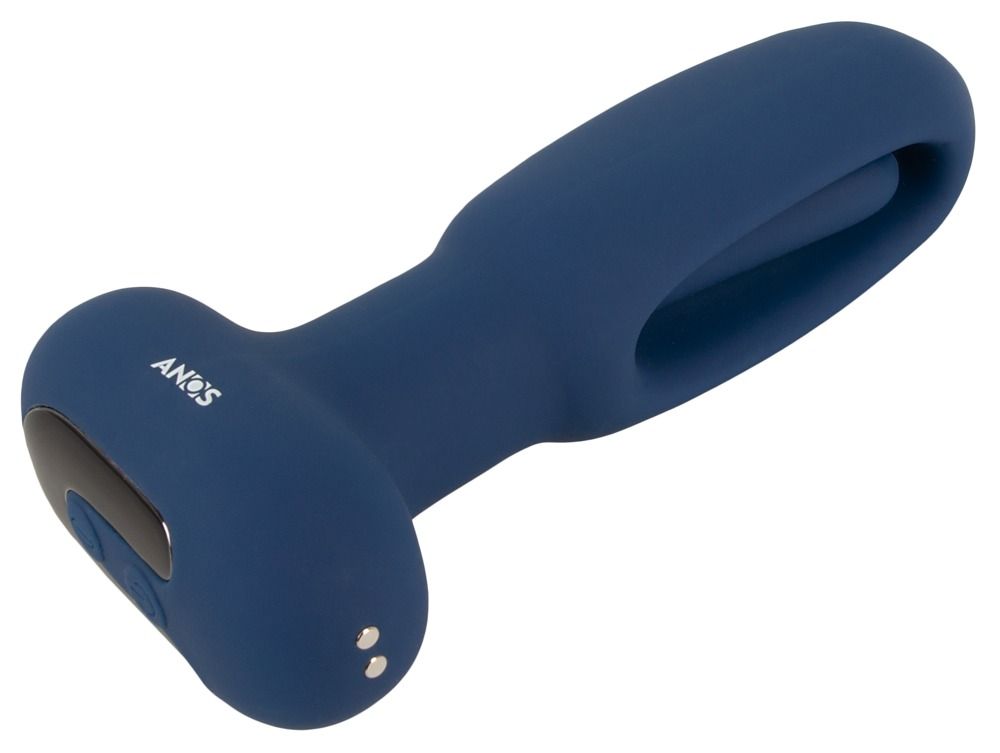 Blauer Analplug mit Flicking-Tongue-Funktion, seitlich betrachtet mit Markenlogo.