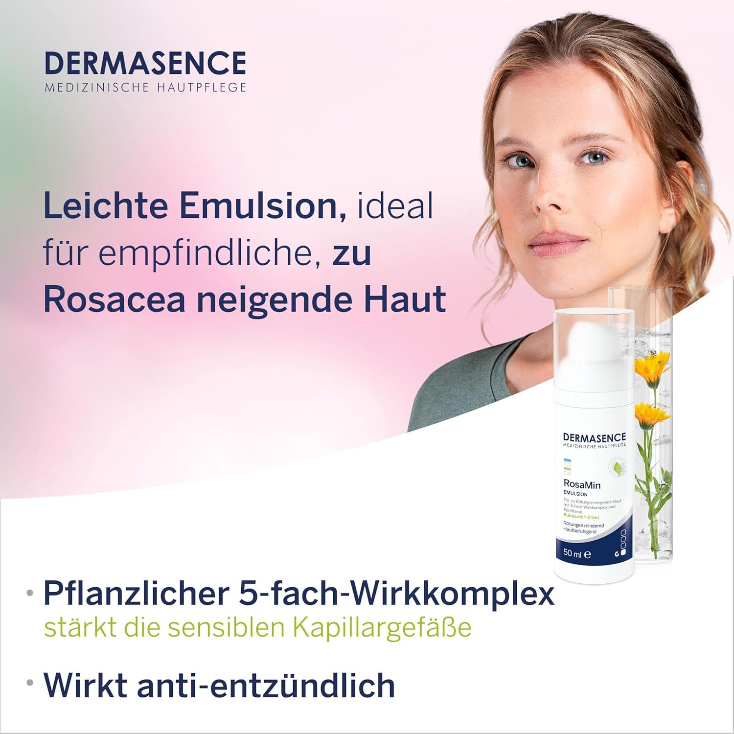 Frau mit Creme. DERMASENCE RosaMin Emulsion. Weiße Flasche. Text: Leichte Emulsion, ideal für empfindliche, zu Rosacea neigende Haut.