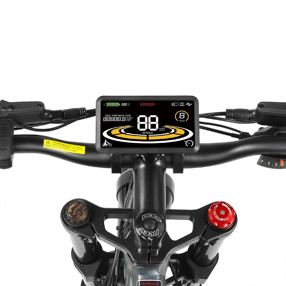 Fahrradcomputer mit Anzeige. Zeigt Geschwindigkeit, Akkustand, Fehler. Schwarzer Rahmen.