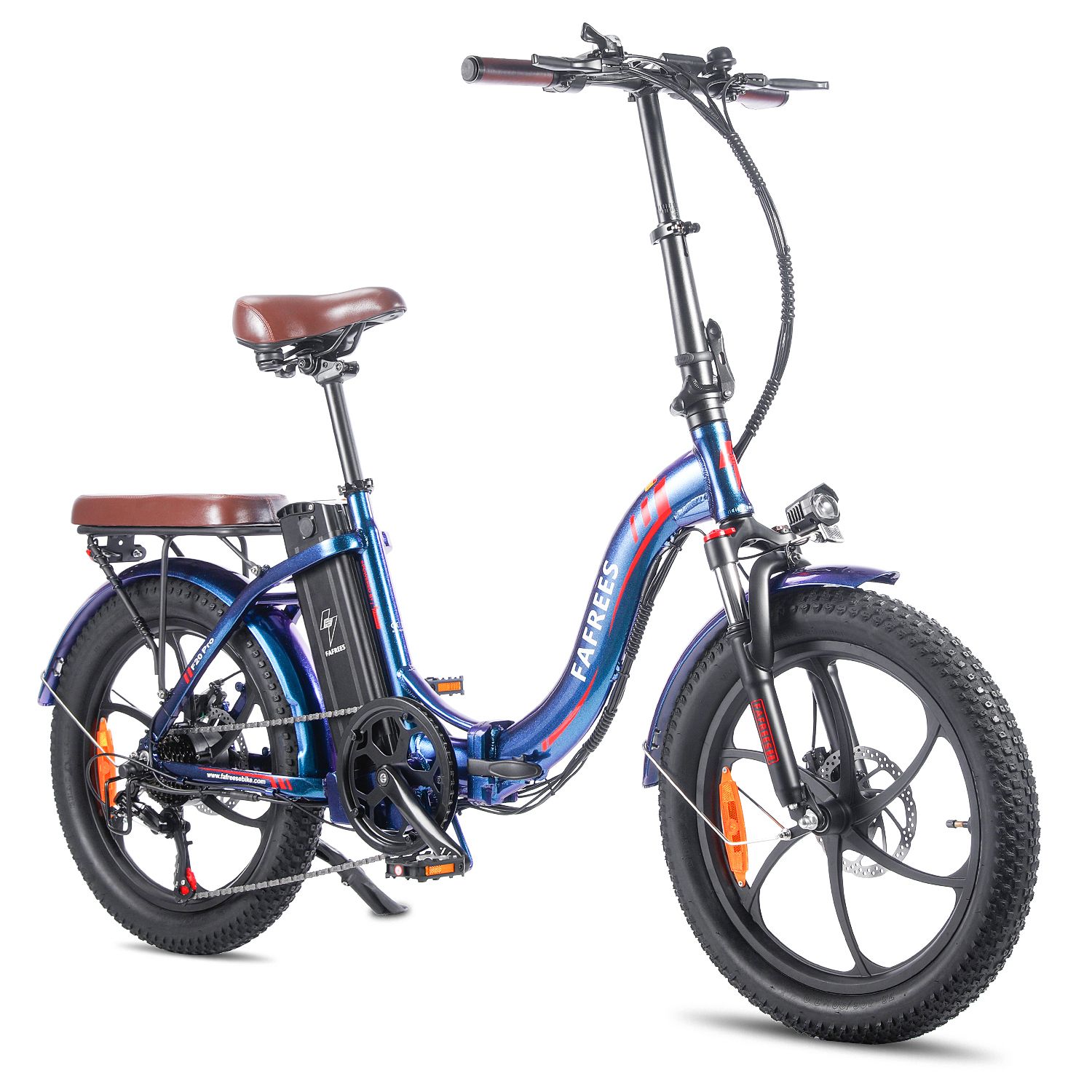 Blaues Fafrees F20 Pro E-Bike mit braunem Sattel und Gepäckträger. Schwarze Reifen und Felgen. Akku am Rahmen.