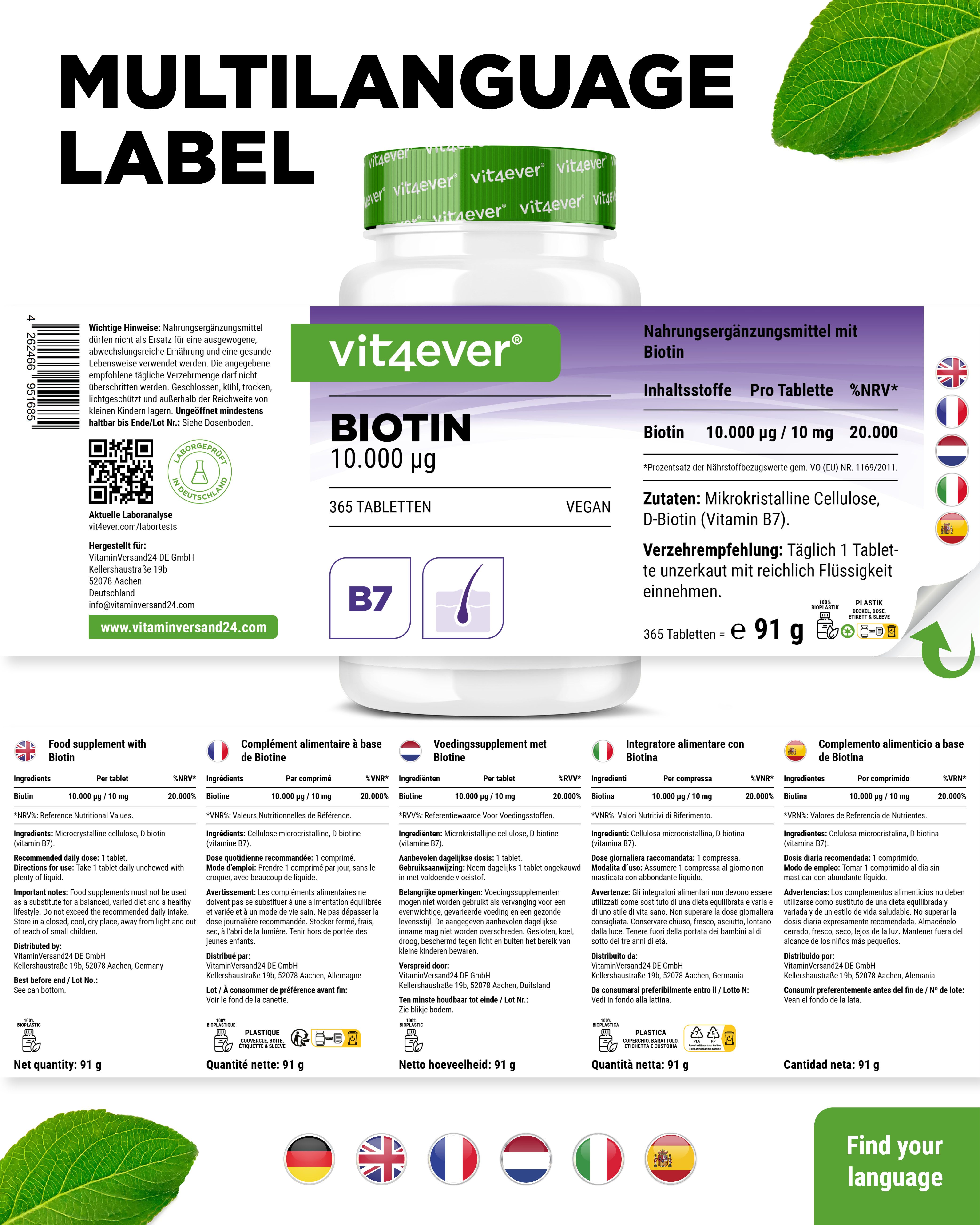 Tabletten-Glas mit grünem Deckel. Aufschrift: vit4ever Biotin 10.000 mcg, 365 Tabletten. Vegan. Mehrsprachiges Etikett mit Inhaltsstoffen.