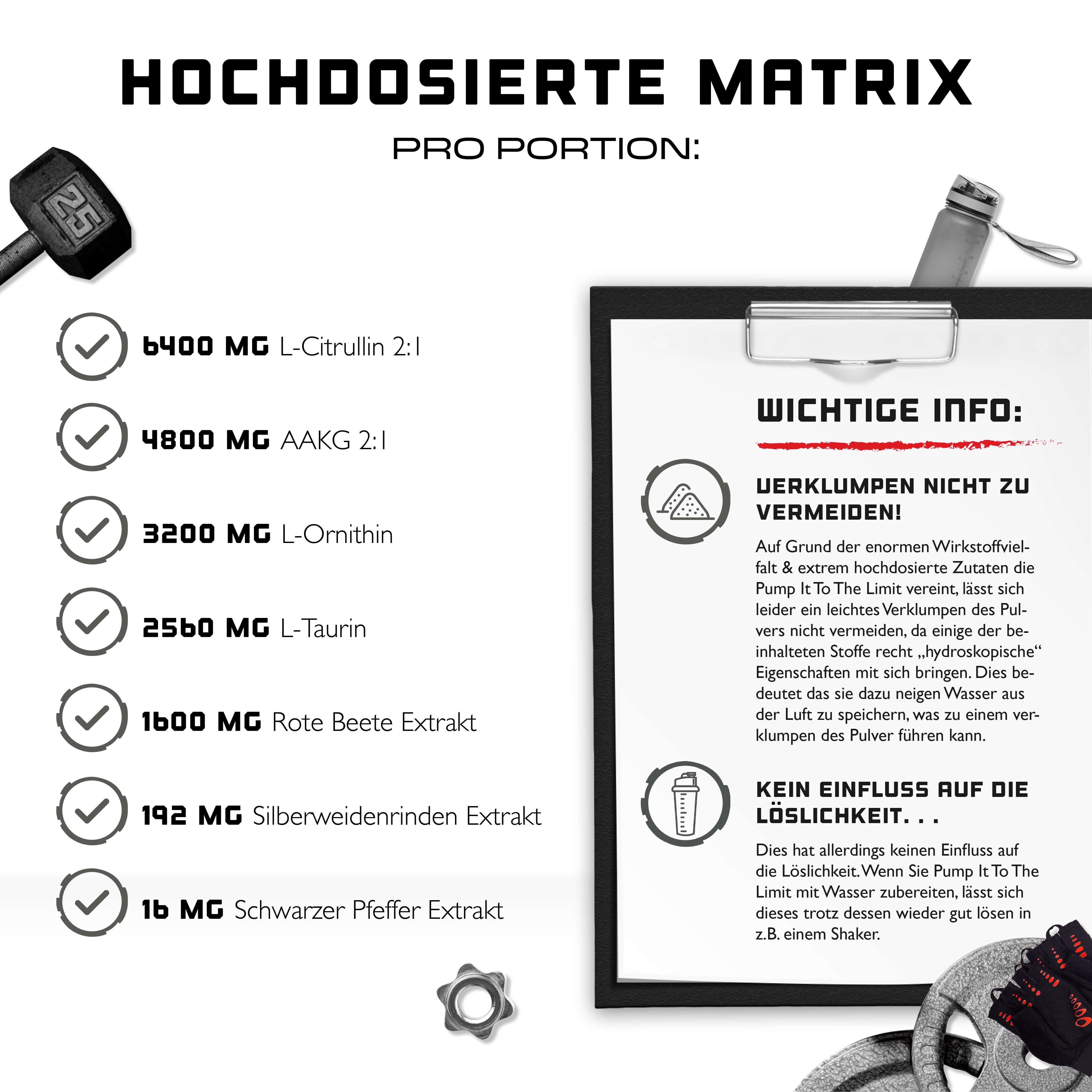 Tabelle mit Inhaltsstoffen pro Portion. Enthält L-Citrullin, AAKG, L-Ornithin, Taurin, Rote Beete Extrakt, Silberweidenrinden Extrakt, Schwarzer Pfeffer Extrakt.