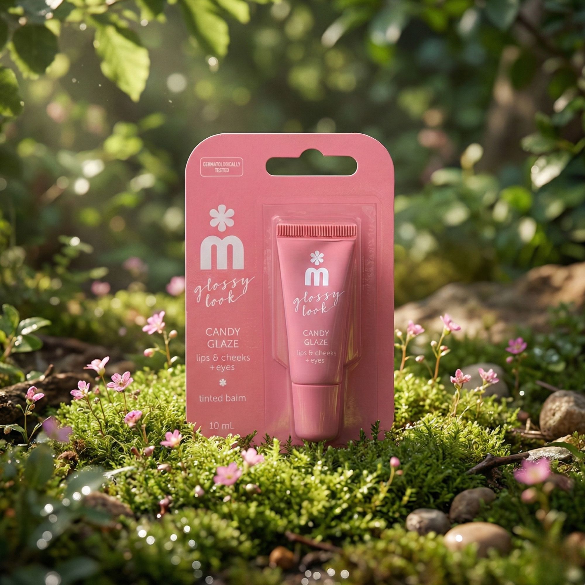 Rosa Produktverpackung mit Tube. Produktname: Candy Glaze, für Lippen, Wangen und Augenlider. Natürlicher Hintergrund.