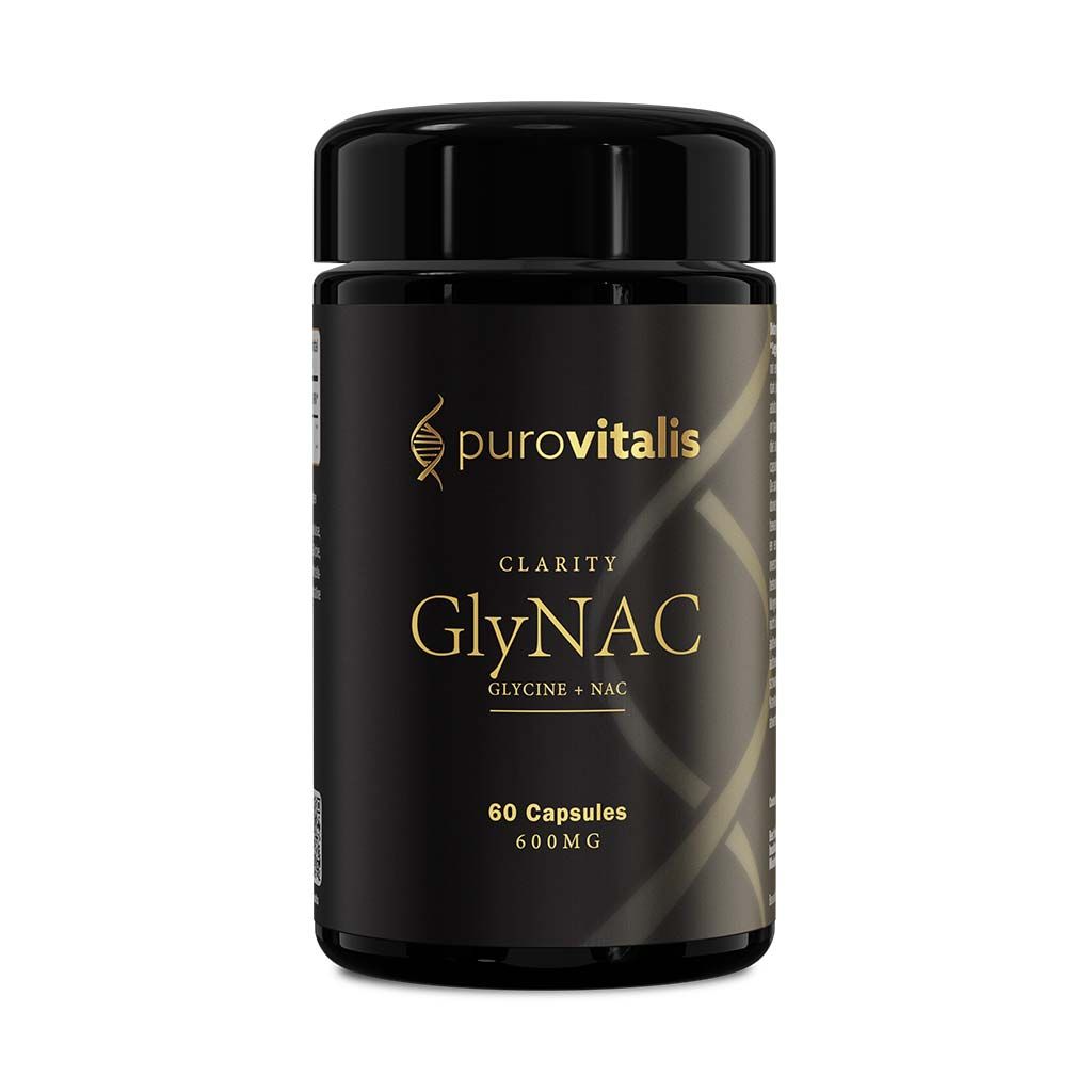 Dunkle Dose mit schwarzem Deckel. Text: GlyNAC Clarity, Glycine + NAC, 60 Kapseln, 600MG. Schriftzug: Purovitalis.