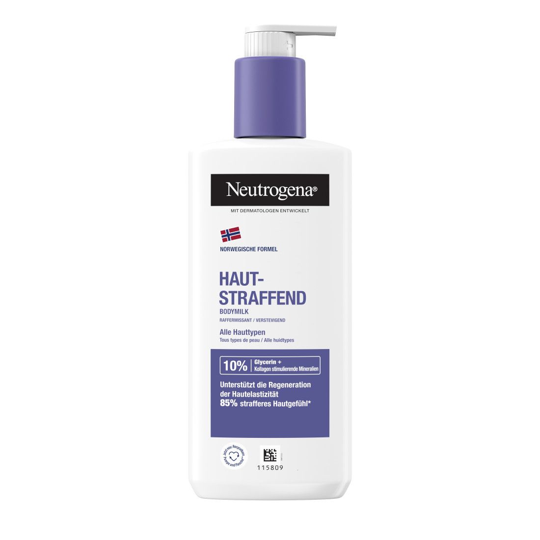 Weiße Flasche mit blauem Pumpkopf. Aufschrift: Neutrogena, Hautstraffend, Bodymilk. Enthält 10% Glycerin + Kollagen.