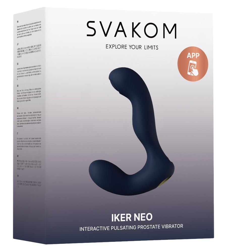 SVAKOM Iker Neo Analvibrator, dunkelblau, mit App-Symbol auf der Verpackung.