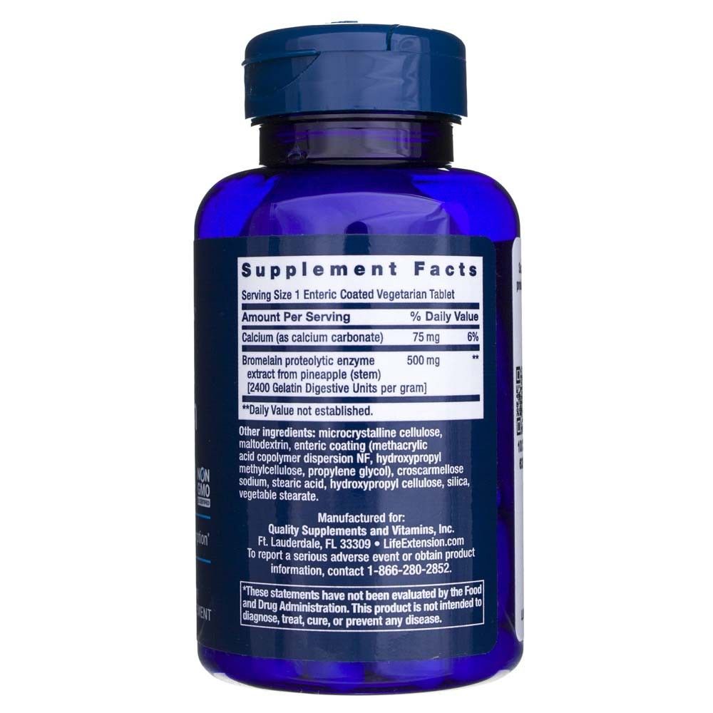 Rückseite einer blauen Flasche mit Life Extension Bromelain-Nahrungsergänzungsinformationen und Inhaltsstoffen.